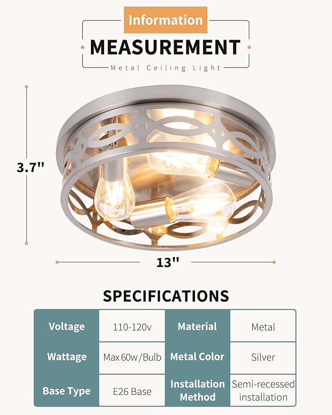 Brushed Nickel Flush Mount Ceiling Light Fixtures,3-Light Modern Hallway Light Fixtures, 13 inch Light Fixture Ceiling Mount for Kitchen, Farmhouse,Bedroom 2 Pack