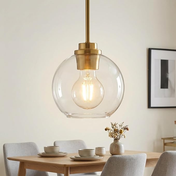Gold Pendant Light, 7 Inch Clear Glass Farmhouse Hanging Fixture, Adjustable Height & Sloped Ceiling Compatible for Kitchen Island Dining Room Entryway Bedroom Hallway, 3 Pack