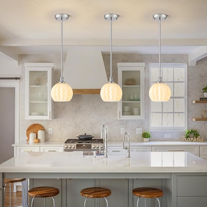 Brushed Nickel Pendant Lights Kitchen Island, 7.3" 1-Light Modern Farmhouse Milk Glass Globe Light Fixtures with Adjustable Rods, Hanging Ceiling Lighting for Sink, Hallway (E26 Base)