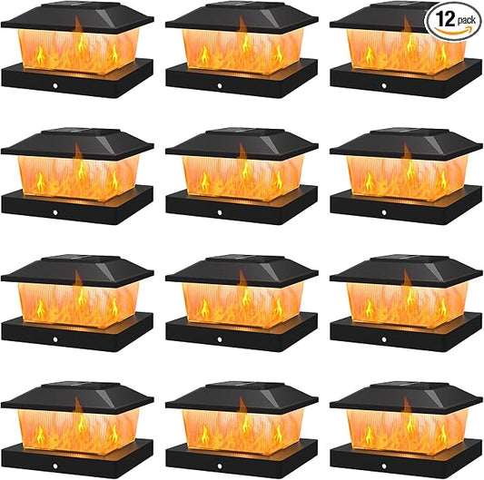 APONUO Solar Post Cap Lights with Flickering Flame & Warm White, 12-Pack for 4x4 Wood/Vinyl Posts, Solar Powered Deck & Fence Lights, Auto On/Off, IP65 Waterproof, Glossy Black