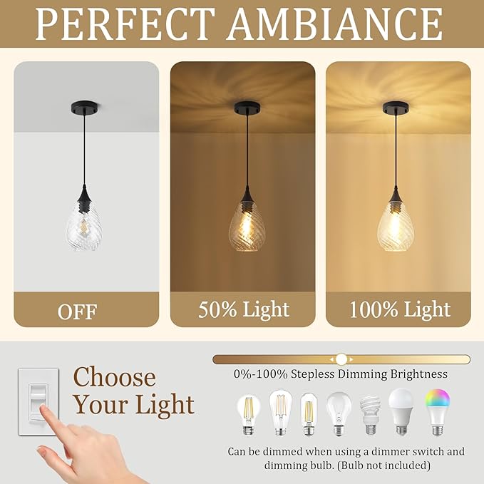 Black Pendant Lights Kitchen Island with Hand-Blown Clear Glass, 1-Light Modern Glass Pendant Light Fixtures, Island Hanging Light for Kitchen Sink Bedroom Dining Room Hallway, E26