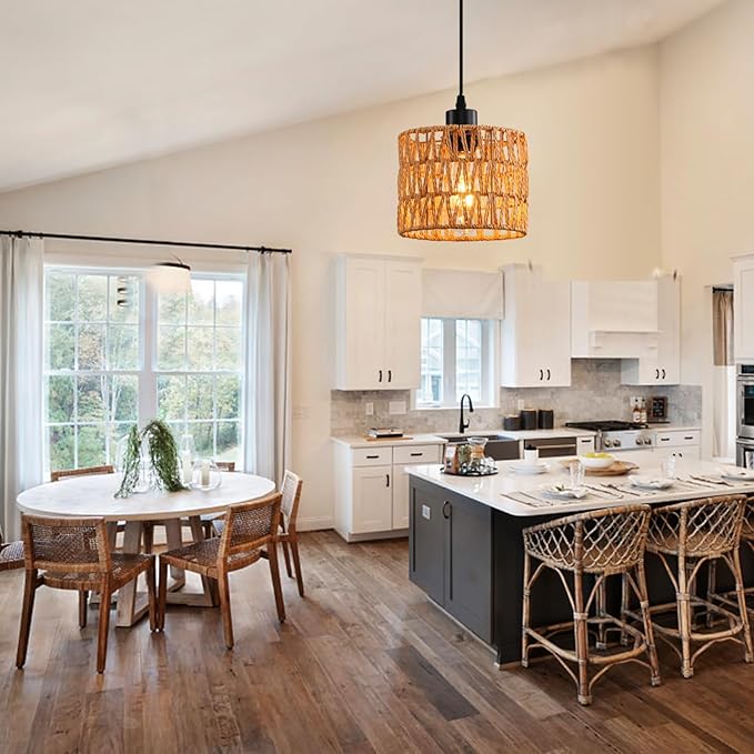 Woven Pendant Light Boho Chandelier, Rattan Pendant Lights Kitchen Island, Farmhouse Pendant Lighting with Hand Woven Wicker Shade, Boho Chandelier Light Fixtures Ceiling Hanging Light