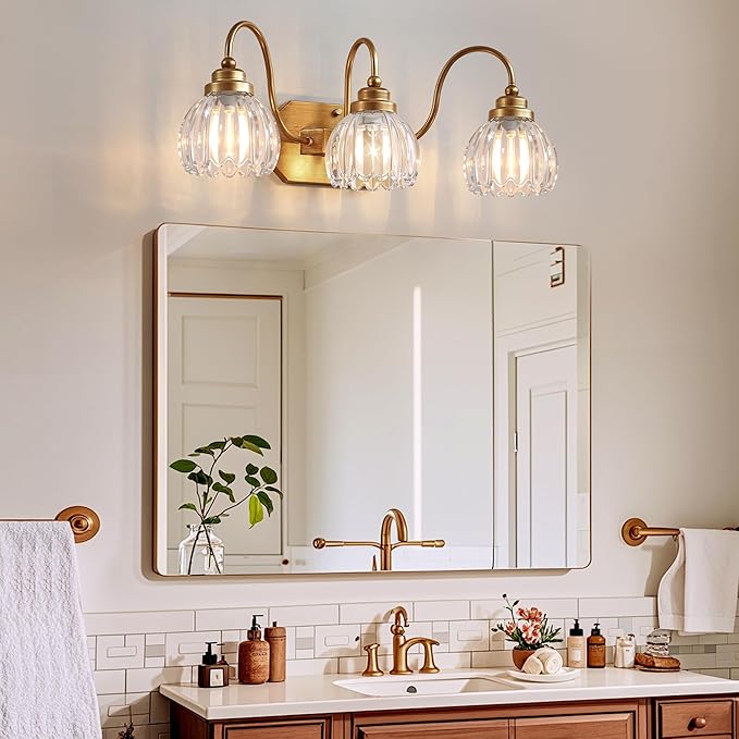 Gold Vanity Light, Vintage Bathroom Light Fixtures, 3-Light Matte Antique Brass Finish with Crystal Glass Shade, Mid Century Style Wall Sconces for Bedroom, Living Room