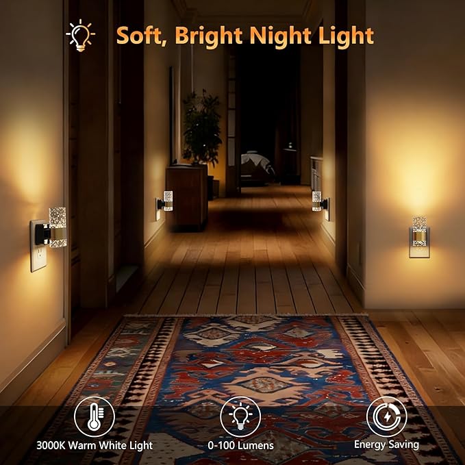 LED Night Lights Plug Into Wall, Dimmable Wall Night Lights 3000K 0-100LM Adjustable Nightlight with Gold Ambiance Lighting for Bathroom, Kitchen, Hallway, Bedroom 2 Pack
