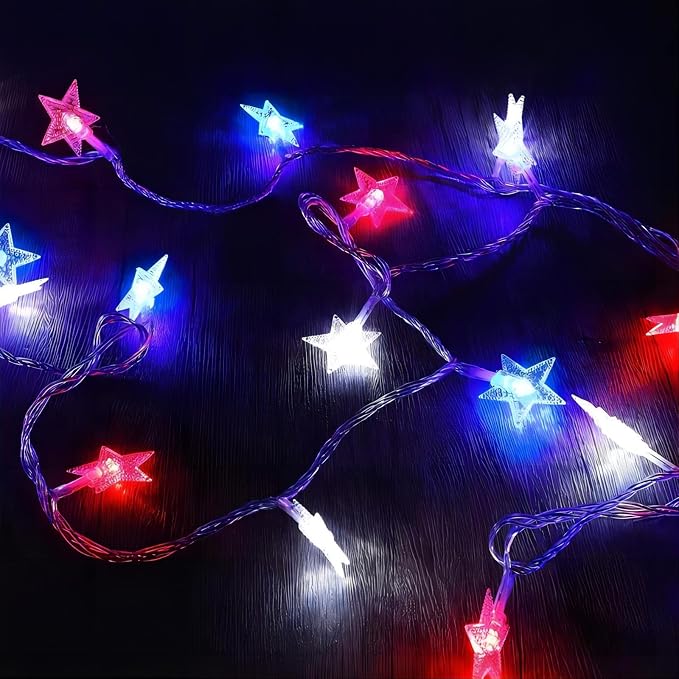 ITICdecor 4th of July Decor Red White Blue Stars String Lights, 15 FT 30 LED Fairy Lights Battery Operated Indoor&Outdoor Star Lights for Independence Day President Day Memorial Day