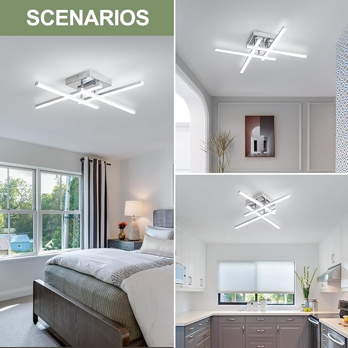 ElDISUNY Modem LED Ceiling Light, 24w Sputnik Ceiling Light Fixture, 6500K Cool White Flush Mount Ceiling Light Fixture for Bedroom Hallway Living Room Dining Room Coridor Kitchen(Sllver)