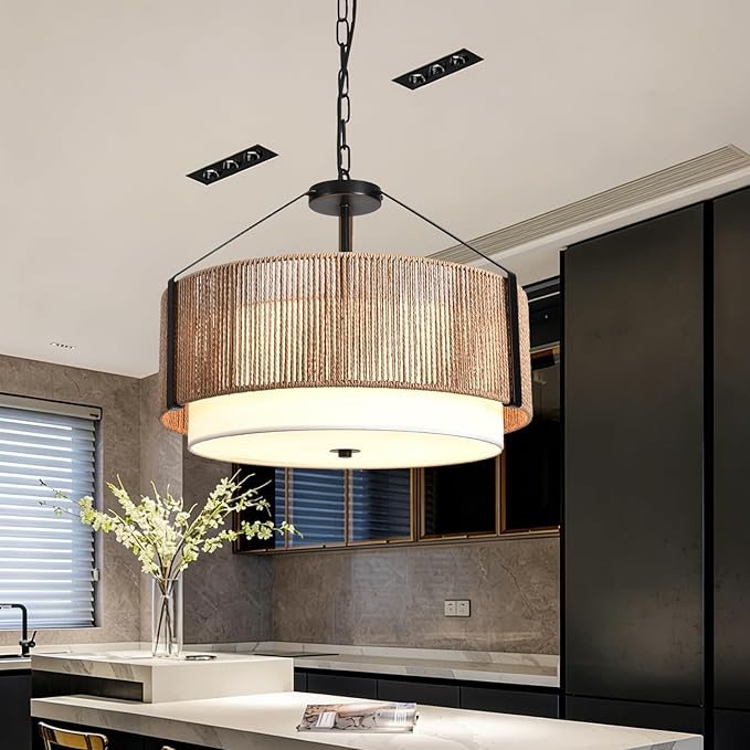 19.7" 4-Light Boho Pendant Light Fixture Rattan Chandelier, Hand Woven Farmhouse Chandelier for Dining Room Pendant Light for Kitchen Island, Bedroom, Dining & Living Room