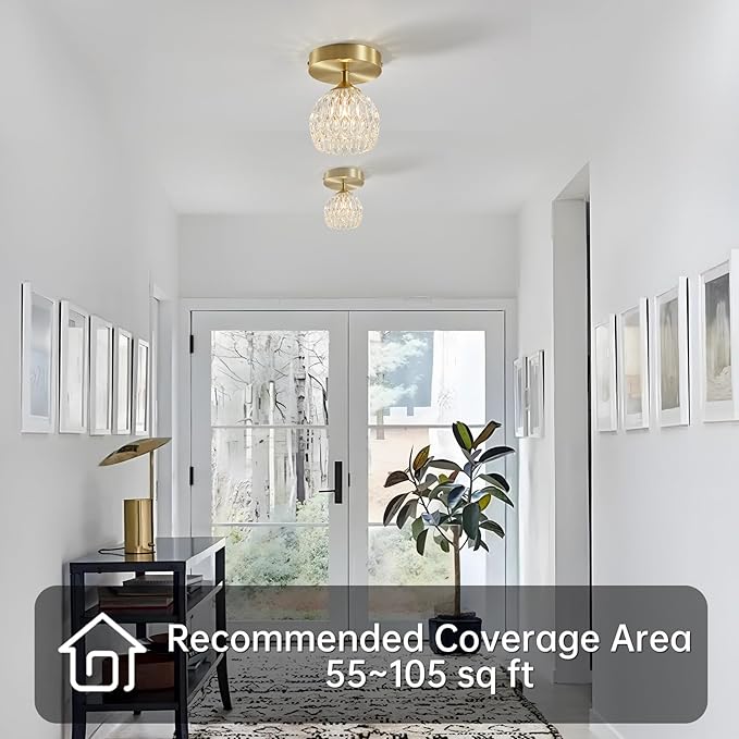 2 Pack 4.3'' Semi Flush Mount Ceiling Light, Light Luxury Ceiling Light Fixture, Clear Crystal Lampshade Vintage Hallway Lights Fixtures, Brass Base Flush Mount Ceilings Lights【No Bulb Included】