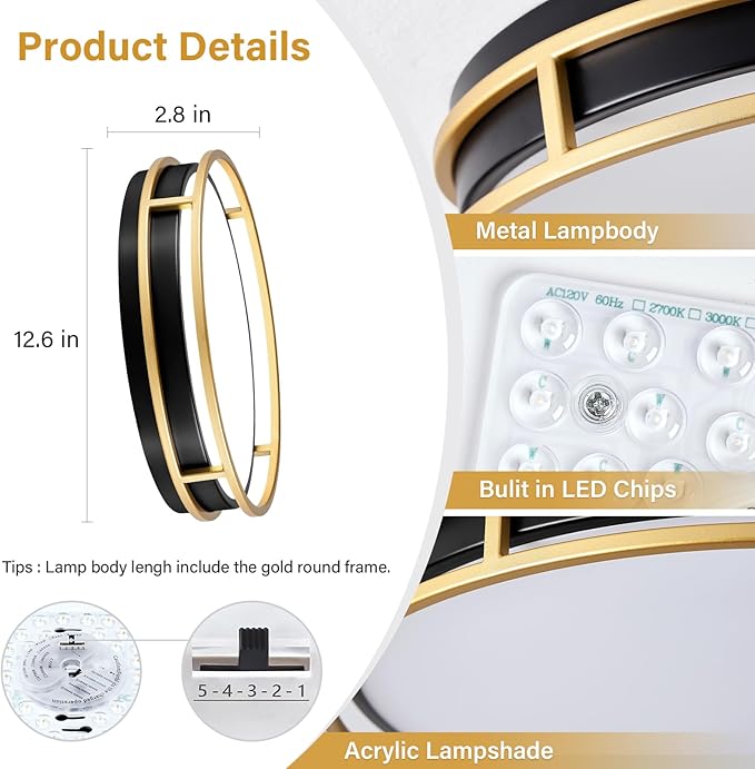 Pevfah Modern Flush Mount Ceiling Light, 5CCT 2700 K-6000 K Dimmable Black and Gold Ceiling Lighting Fixture, Minimalist Round LED Ceiling Lamp for Bedroom, Kitchen, Hallway, Laundry Room-12.6 Inch