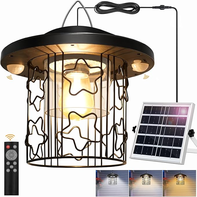 Solar Star Pendant Light - 3000LM Outdoor Solar Chandelier with Motion Sensor, Gazebo Lighs with Remote Control, 5 Modes, 3 Color Temperatures for Patio, Garden, Gazebo, Umbrella(16.4FT Cord)