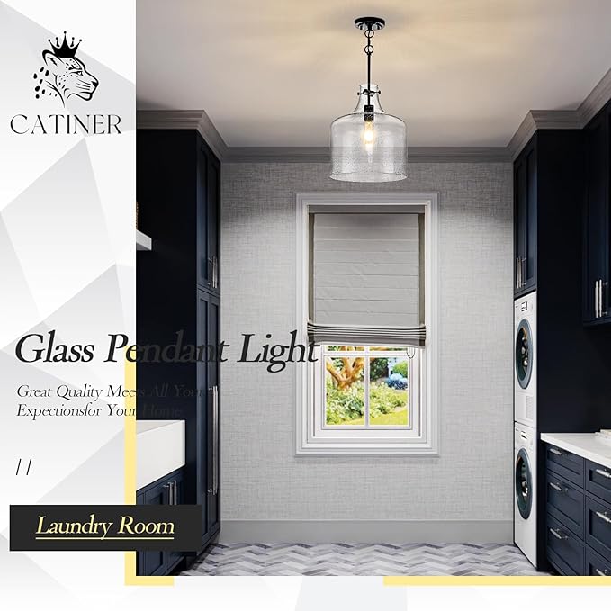 CATINER 12" Black Seeded Glass Pendant Light, Modern Farmhouse Hanging Ceiling Light Fixture for Kitchen Island, Dining Room, Hallway, Hand-Blown Bubble Glass Shade, E26 Dimmable Pendant Lighting