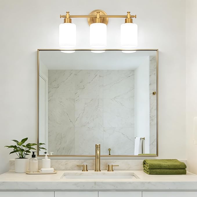 3-Light Bathroom Vanity Light, Brushed Gold Vanity Lights for Bathroom, Modern Champagne Gold Wall Sconce with White Glass Shades, Anti-Rust Light Fixtures over Mirror (Bulbs Not Included, E26 Base)