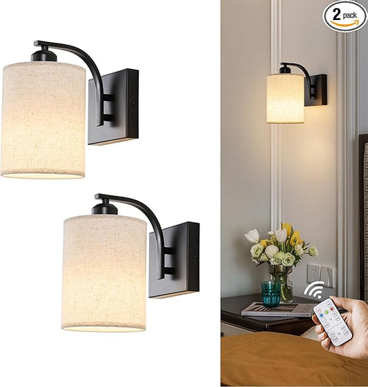 Powfloven Black Rechargeable Battery Operated Wall Sconces Set of 2 with Remote, Wireless Dimmable Battery Powered LED Wall Lights, Cordless Wall Lighting Lamp Fixture for Bedroom Living Room