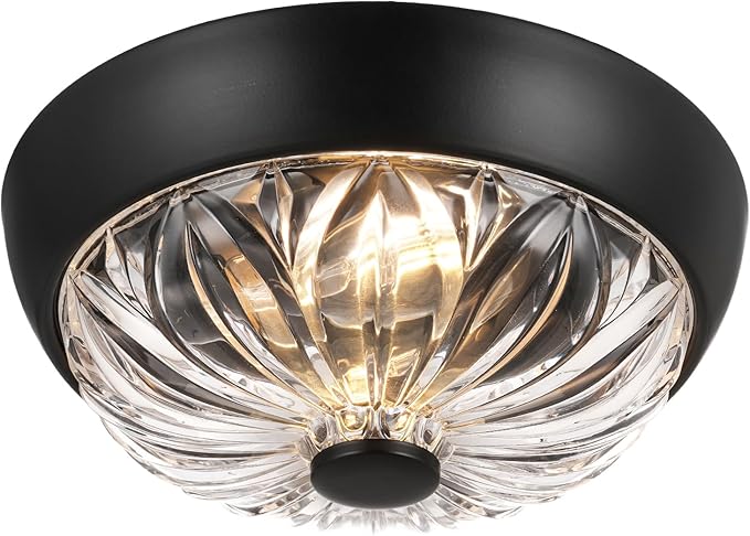 Black Semi Flush Mount Ceiling Light, 2-Light Modern Farmhouse Close to Ceiling Light Fixture, Aluminum Glass Indoor Outdoor Ceiling Lamp for Bedroom Kitchen Hallway