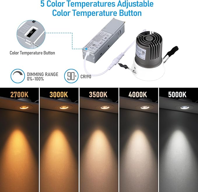 TORCHSTAR 3 Inch 5CCT LED Slot Aperture Recessed Lights with J-Box, 35° Ultra-Narrow Trim Recessed Ceiling Spotlight, IC Rated, Dimmable, Anti-Glare, CRI 90, 2700-5000K, ETL FCC, Pack of 4