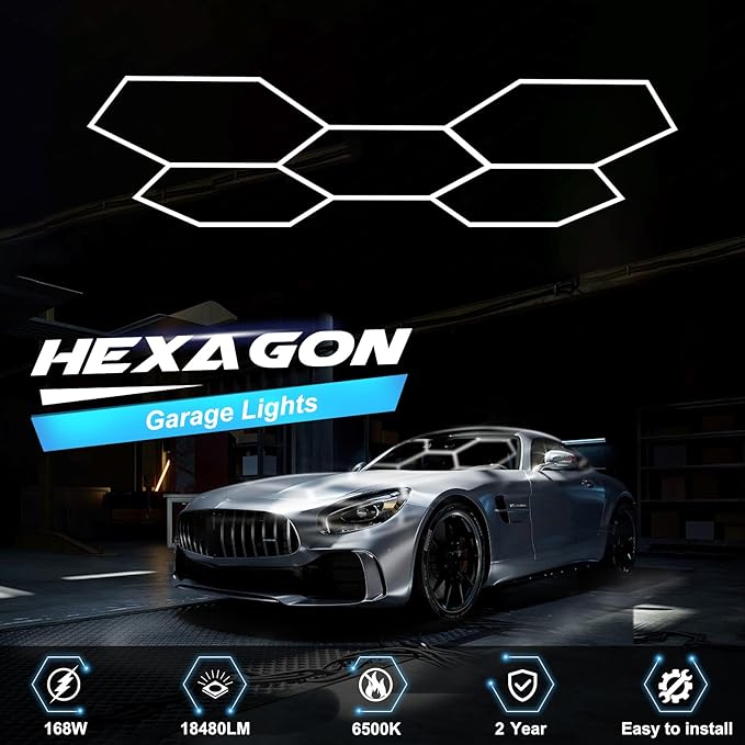 FERUERW Hexagon Garage Lights 3 Level Dimmable, High Brightness 168W 5600 to 18480 Lumens 6500K Honeycomb Led Light 5 Grid for Garage, Auto Beauty Shop, Car Detailing Shop, Workshop