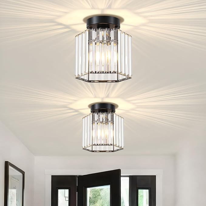TOULMJ 2 Pack Crystal Semi Flush Mount Ceiling Light, Hallway Light Fixture Modern Black Kitchen Lighting Fixtures Close to Ceiling Lights for Bathroom Entryway Bedroom Foyer Laundry Room