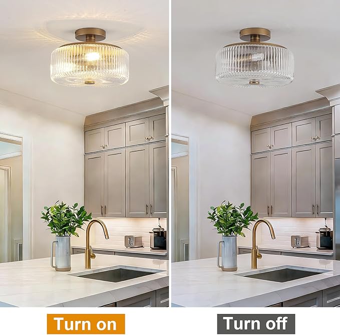 11.8 Inch Gold Semi Flush Mount Ceiling Light, 3-Light Hallway Light Fixture with Seeded Glass Shade, Mid-Century Modern Ceiling Light for Kitchen, Entryway, Foyer, Passage