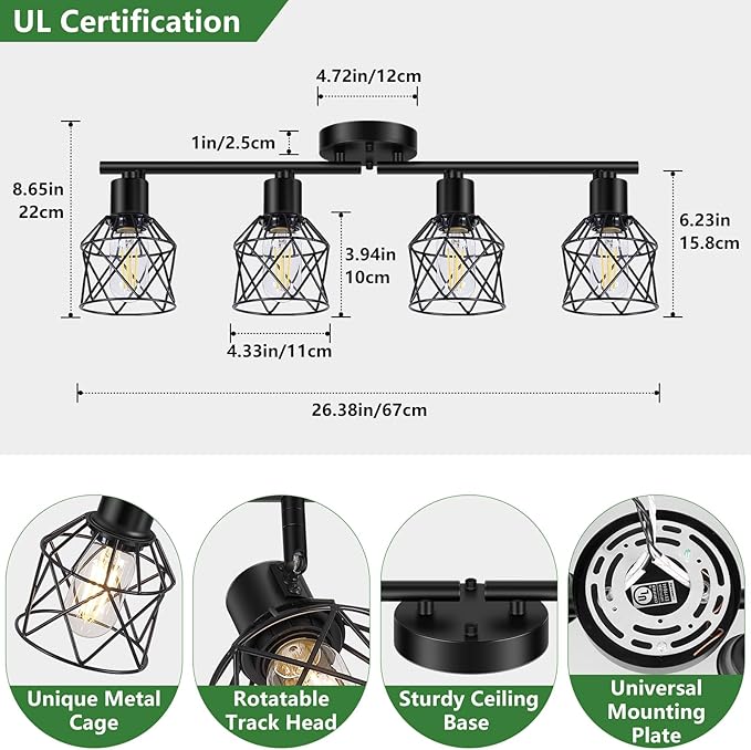 4-Lights Semi Flush Mount Ceiling Light, Adjustable Multi-Directional Light Fixtures, Rotatable Farmhouse Light Fixtures Mount with Metal Cage for Dining Room, Living Room