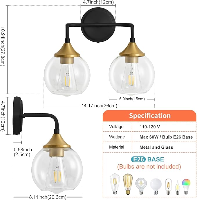 Black and Gold Bathroom Vanity Light with Clear Glass Shade, E26 Base, 2-Light Bathroom Light Fixtures Over Mirror, 14 Inch Vanity Lights for Bathroom (Exclude E26 Bulb)