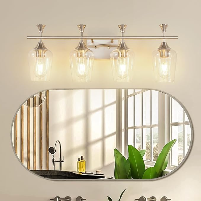 Bathroom Light Fixtures (4-Light, 29 Inch), Brushed Nickel Vanity Lights for Bathroom with Clear Wine Glass Glass Shade, Modern Vanity Wall Lights for Mirror Bedroom Living Room Kitchen Hallway Porch