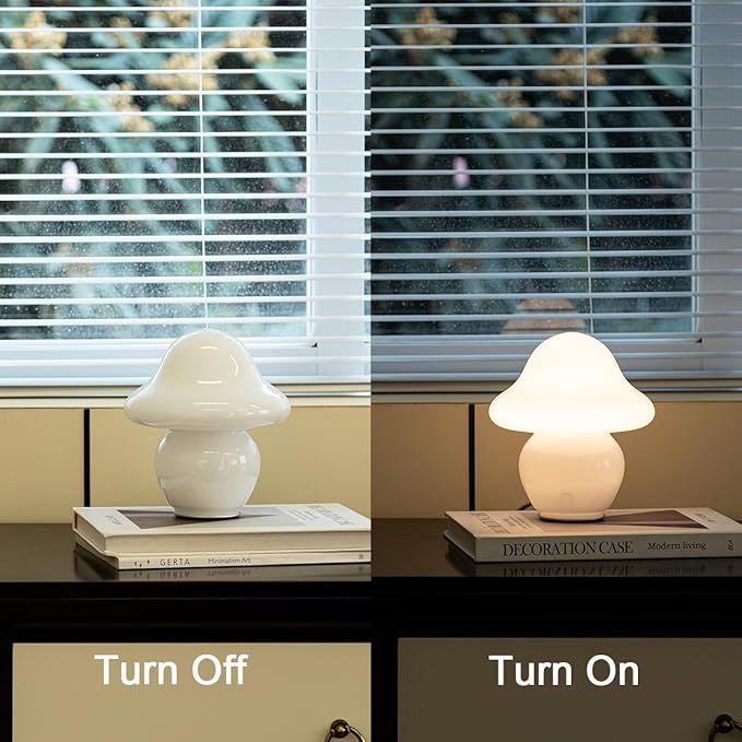 HEQET Mushroom Lamp Glass Mushroom Table Lamp for Bedrooms, Living Room, Aesthetic Lamps for Bedroom, Cute Bedside Lamp