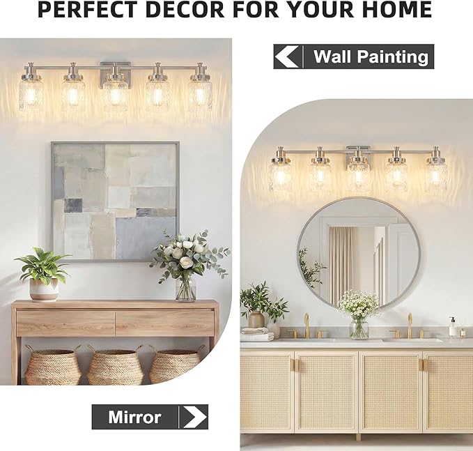5 Lights Bathroom Light Fixtures Farmhouse Brushed Nickel Vanity Lights for Bathroom Lighting Fixtures Over Mirror with Hammered Glass Lampshade for Cabinet Mirror Bedroom Hallway
