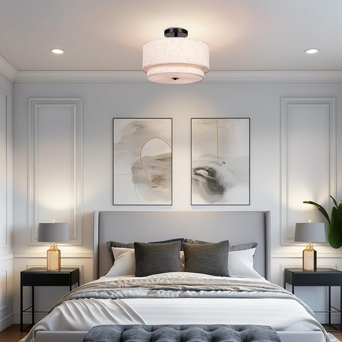 FRIDEKO HOME 3 Light Semi Flush Mount Ceiling Light Modern Close to Ceiling Light Fixture with 2-Layer Fabric Shade Light Fixtures Ceiling Mount for Bedroom Living Room Kitchen Foyer Hallway