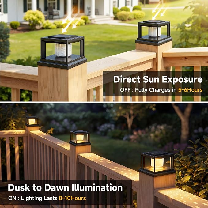 FOLKSMATE Solar Post Cap Lights 8 Pack, 2 Lighting Modes Cool/Warm White Outdoor Solar Powered, Waterproof Fence Deck Lights for 4×4 3.5×3.5 Wood Vinyl Posts, for Garden Patio Porch Decor, Black