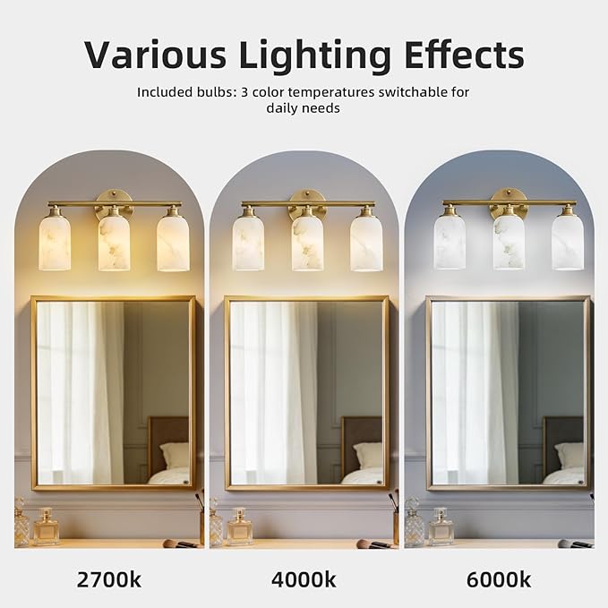 3-Light Brass Bathroom Vanity Light, 16.9 Inch Wall Sconce with Natural Marble Shades, 3-Color LED Bulbs Included, E26 Hardwired for Mirror