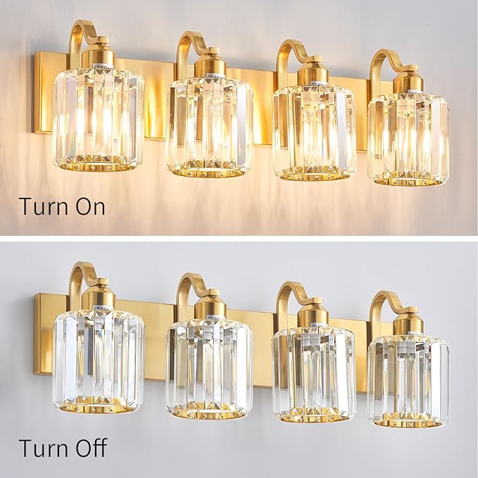 Crystal Vanity Lights, Modern 4-Light Bathroom Lights Over Mirror, Bathroom Light Fixtures with Polished Gold Finish for Mirror Bedroom Living Room (Exclude Bulb)