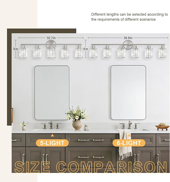 Crystal Bathroom Light Fixtures,Bathroom Lighting Fixtures Over Mirror, Modern 5-Light Brushed Nickel Vanity Lights for Mirror, Restroom,Kitchen(Ceramic E26 Socket,Bulbs Not Include)