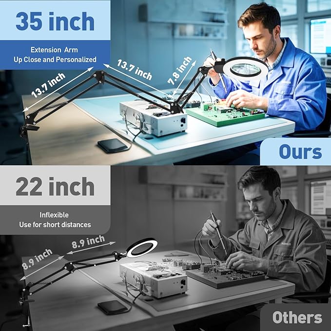HITTI 12X Extra Long Magnifying Glass with Light, Upgrade Infinite Color and Brightness LED Desk Lamp Clamp, Hands Free 3 Section Magnifier Light Stand for Workbench Craft Reading (12X 35in Clamp)