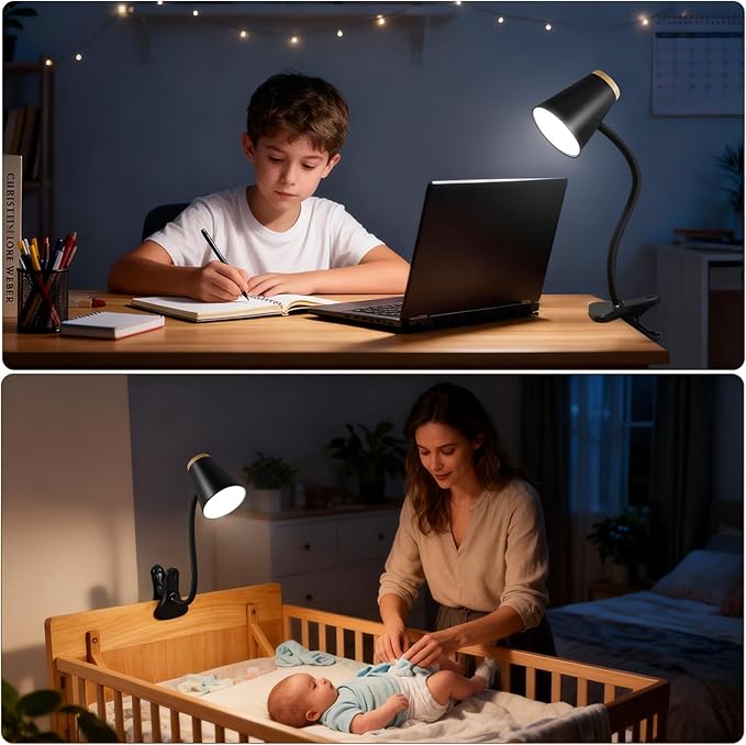 EJIAXIN Clip on Desk Lamp for Home Office - Small LED Touch Dimmable Reading Light for College Dorm Room - Adjustable Flexible Gooseneck Clamp Light Table Lamp for Bedside Bedroom Bed Headboard Black