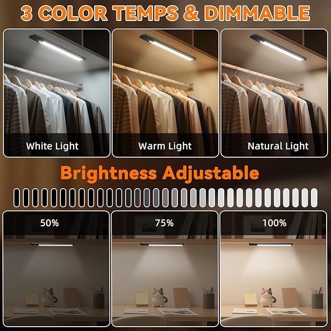 Under Cabinet Lighting Wireless, Rechargeable 10inch Motion Sensor Light Indoor, 3 Color Closet Light Battery Operated with LED Power Display, Magnetic Under Counter Lights for Kitchen (3Pack-Black)