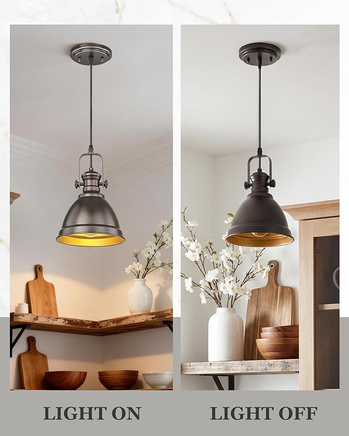 Pendant Lights Kitchen Island, 8" Farmhouse Hanging Lights Fixtures with Metal Shade, Rustic Kitchen Pendant Lighting Over Island for Dining Room, Oil Rubbed Bronze, AD-2151-1PM-ORB