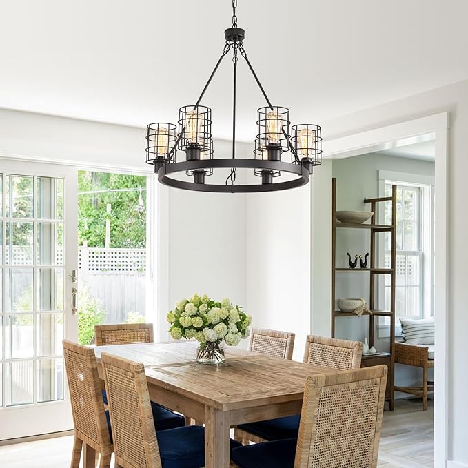 Wagon Wheel Chandelier Modern Farmhouse Pendant Light,Black Farmhouse Chandelier, 6-Light Wagon Wheel Chandelier with Adjustable Height, Dining Room Light Fixture, Hanging Lights