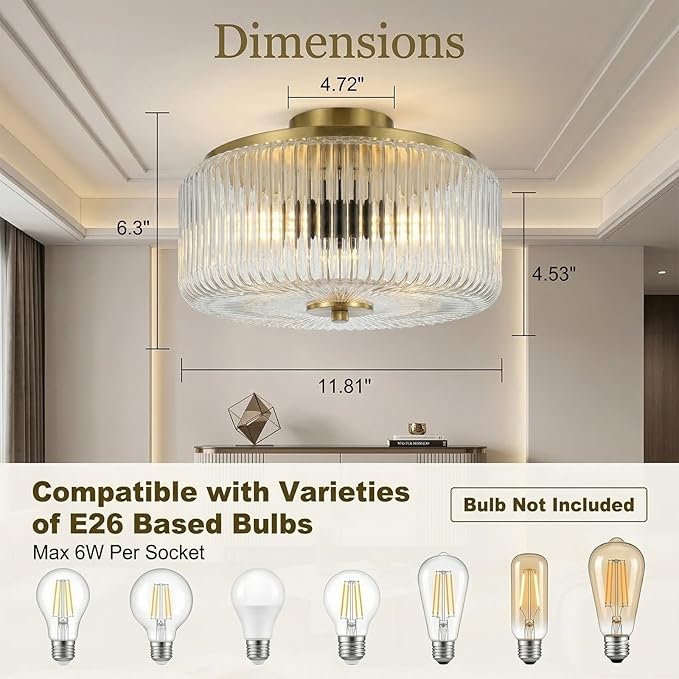 3-Light Flush Mount Ceiling Light, 11.8" Gold Ceiling Light Fixture with Ribbed Clear Glass Shade, Modern Drum Close to Ceiling Lamp with Closed Bottom for Bedroom Hallway Kitchen Entryway