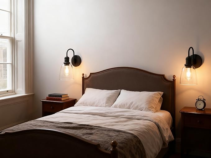 Yosoan 1-Light Vintage Wall Sconce, Black Industrial Fixture Light with Elegant Gooseneck Curved Rod, Indoor Clear Glass Shade Wall Lamp Lighting for Bathroom Porch Kitchen Living Room Restaurant