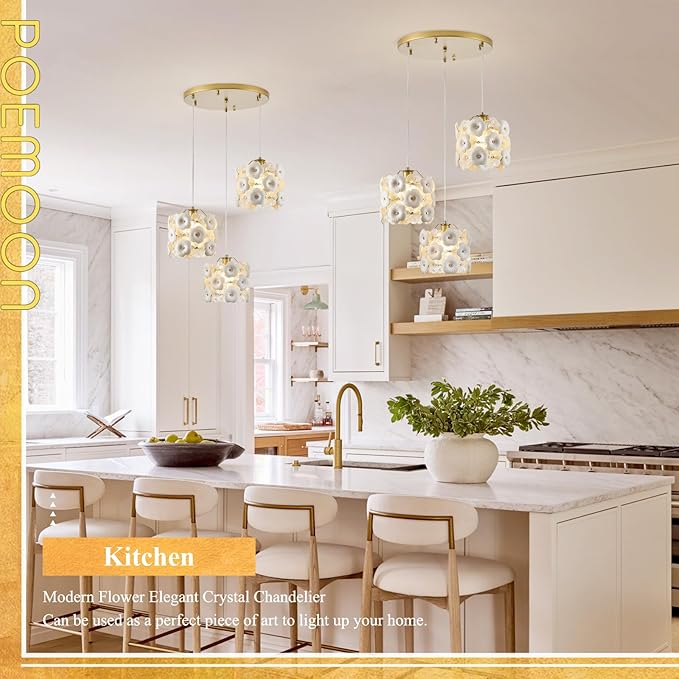 3-Lights Flower Glass Chandelier Modern Gold Cluster Pendant Light Fixture Adjustable Elegant Pendant Lighting for Dinning Room Bedroom Kitchen Island Hallway Entryway