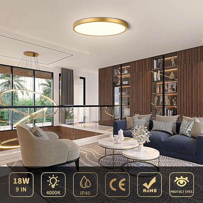 9Inch LED Ceiling Light Flush Mount Fixture, 18W(180W Equivalent), 1800LM, 4000K Natural White, IP40, Flat Modern LED Ceiling Lights for Bedrooms, Living Rooms, Bathrooms, Stairwells, etc.(Gold)