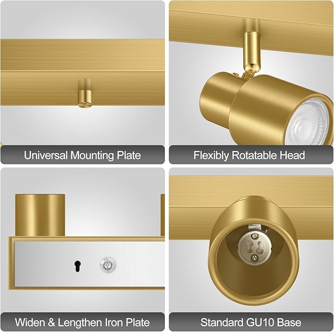 Track Lighting Plug in, 30" LED Track Light Fixtures Ceiling, Gold 5 Way Spotlight, Rotatable Head, Plug Wall Lights with 14.8FT Cord, Ceiling Lighting for Kitchen Hallway Bar(GU10, NO Bulb)