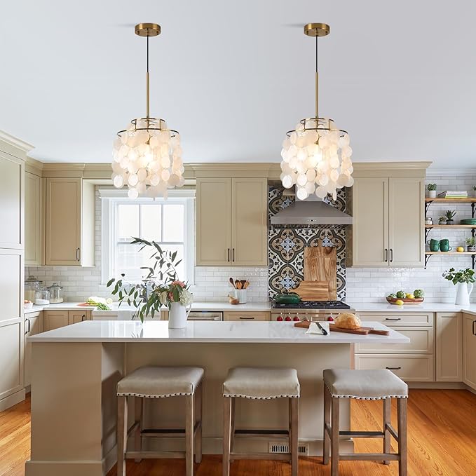 White Shell Pendant Lights, Brushed Brass Coastal Seashell Chandelier Metal 2 Tiers Ceiling Hanging Light Fixture for Kitchen Island Dining Room Entryway Bedroom Foyer, E26 Socket