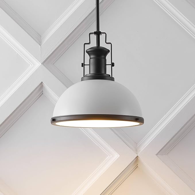 JONATHAN Y 13" Matte Black/White Modern Industrial Iron LED Dome Pendant Light, Adjustable Hanging Fixture for Kitchen Island or Entryway, Black Metal Shade, LED Bulb Included (JYL9536E)