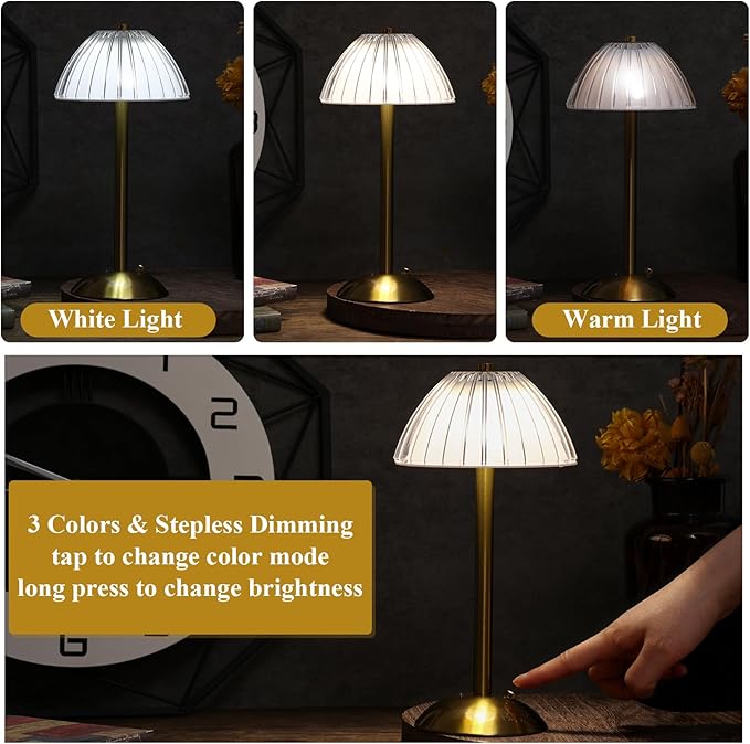Liliful 6 Pcs Cordless Table Lamp Rechargeable Touch LED Small Gold Portable Battery Operated USB-c Desk Lamp 3 Color Dimmable for Bedroom Living Room Dining (Gold,Mushroom Style)