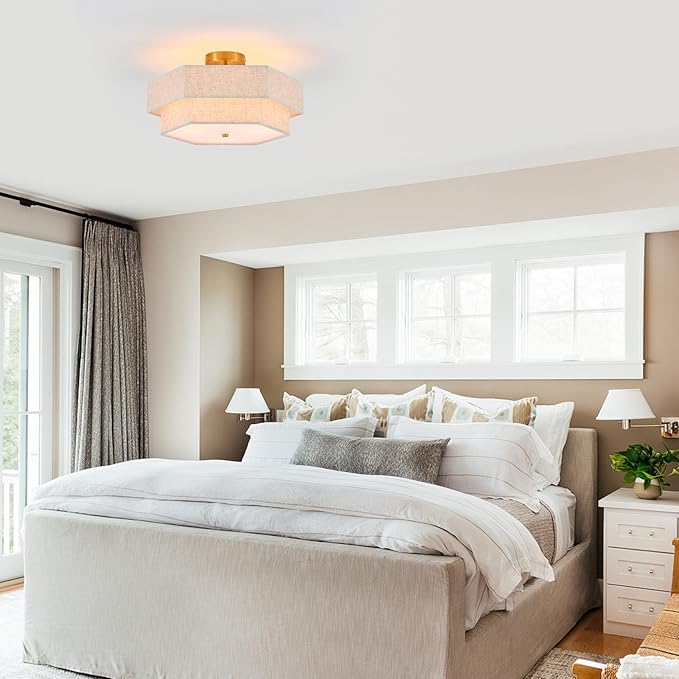 Modern Semi Flush Mount Ceiling Light 18" Modern Gold Drum Ceiling Lighting Fixture with Linen Shade Vintage Ceiling Lamp for Living Room, Bedroom, Kitchen, Dining Room, Hallway, and Entryway