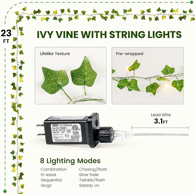 Vine with Fairy Lights, 23 FT 73 LED Ivy Leaf Lights Indoor Plug in, Fake Vine String Lights for Bedroom, Dorm, Wall, Party, Garden, Birthday, Wedding, Room Decor, Warm White