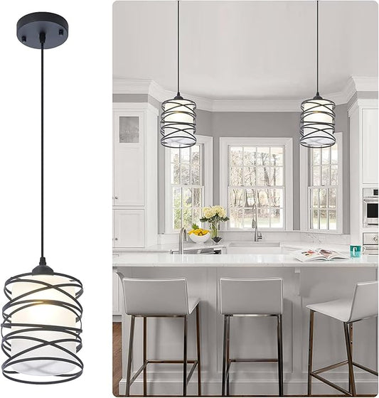 Modern Mini Pendant Light Fixture Kitchen Island Pendant Lighting 6.30''Matte Black Spiral Cage and Handblown Frosted Haze Glass Shade Hanging Lamp Adjustable Cord for Dining Room 1 Pack