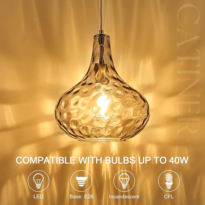 CATINER 11" Smoked Hammered Glass Pendant Light – Blown Glass Ceiling Fixture with Brushed Nickel Finish, Modern Industrial Lighting for Kitchen Island, Dining Room, Hallway, Living Room