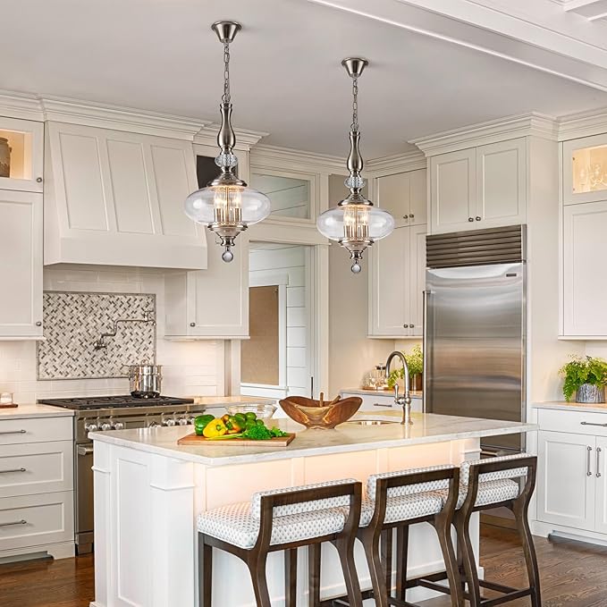 Brushed Nickel Pendant Light 11.8'' Wide 23.6'' High Modern Glass Pendant Light for Dining Room, Kitchen Island Adjustable Height